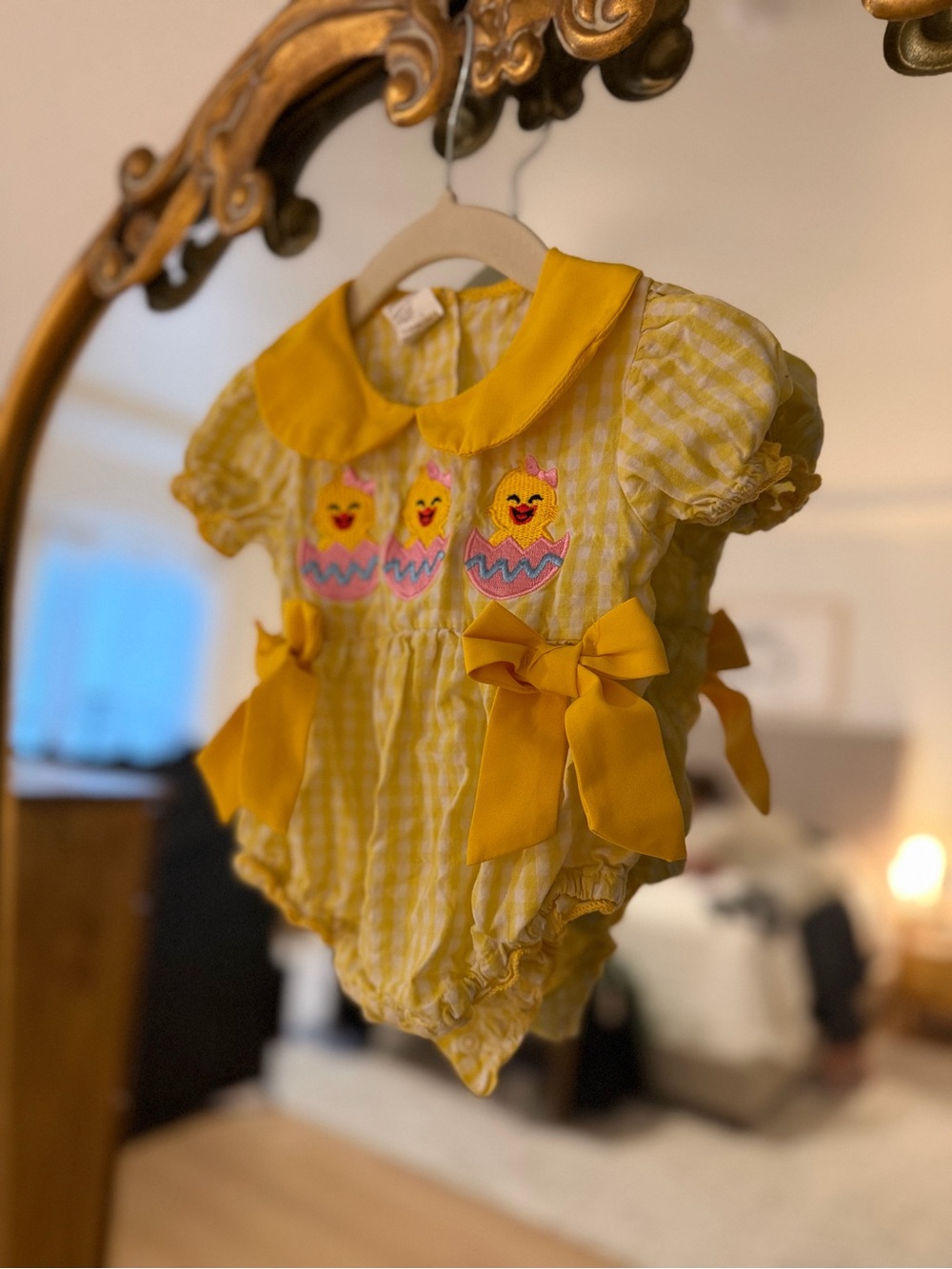 Yellow Gingham Baby Romper with Chick Embroidery